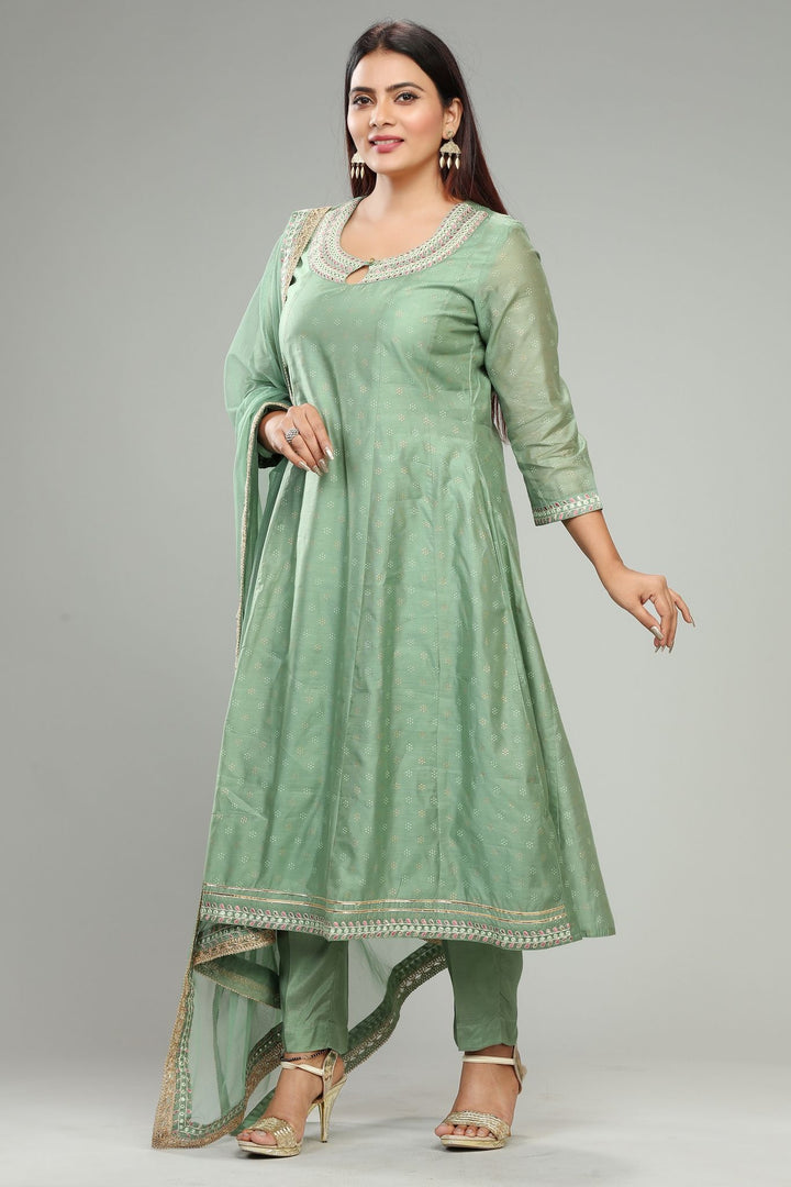 Pista Green Chanderi Embroidered Kurta Pant Suit Set