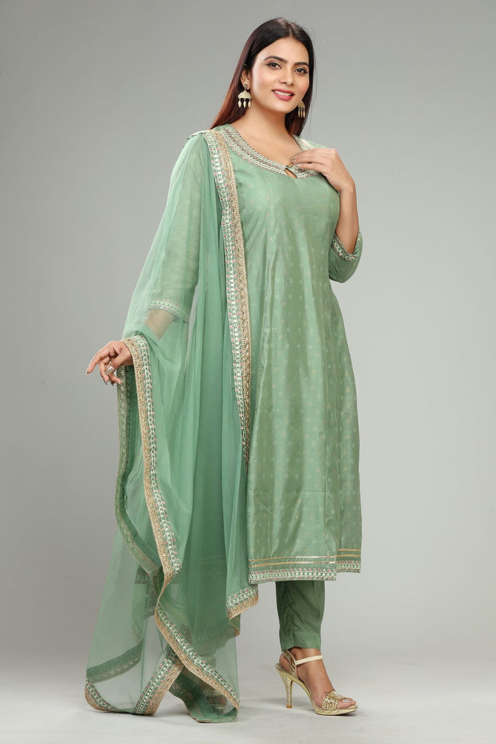 Pista Green Chanderi Embroidered Kurta Pant Suit Set