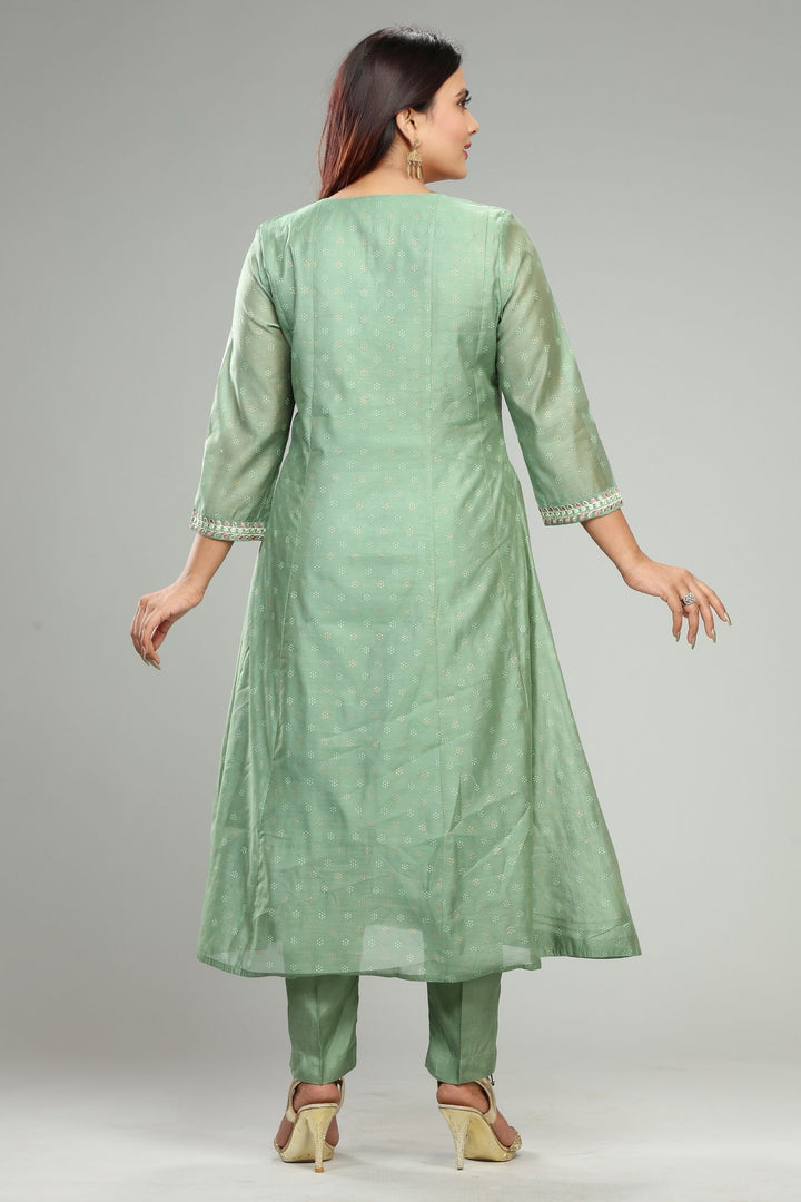 Pista Green Chanderi Embroidered Kurta Pant Suit Set