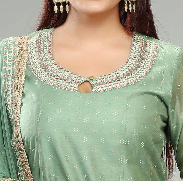 Pista Green Chanderi Embroidered Kurta Pant Suit Set