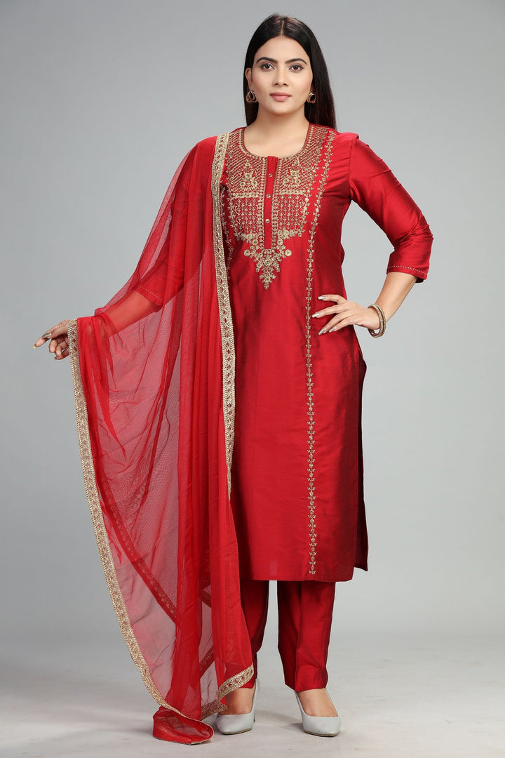 Devishi CC97 Maroon Cotton Silk Embroidered Suit Set