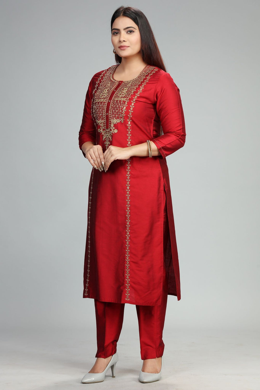 Devishi CC97 Maroon Cotton Silk Embroidered Suit Set