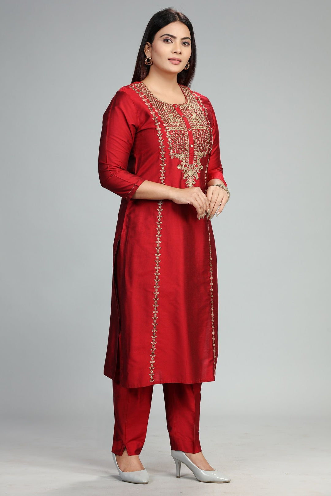 Devishi CC97 Maroon Cotton Silk Embroidered Suit Set