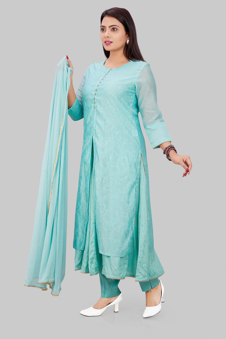 Sky Blue Chanderi Embroidered Layered Kurta Pant Suit Set