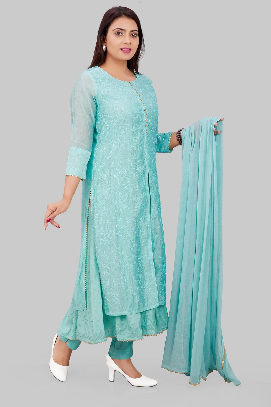 Sky Blue Chanderi Embroidered Layered Kurta Pant Suit Set