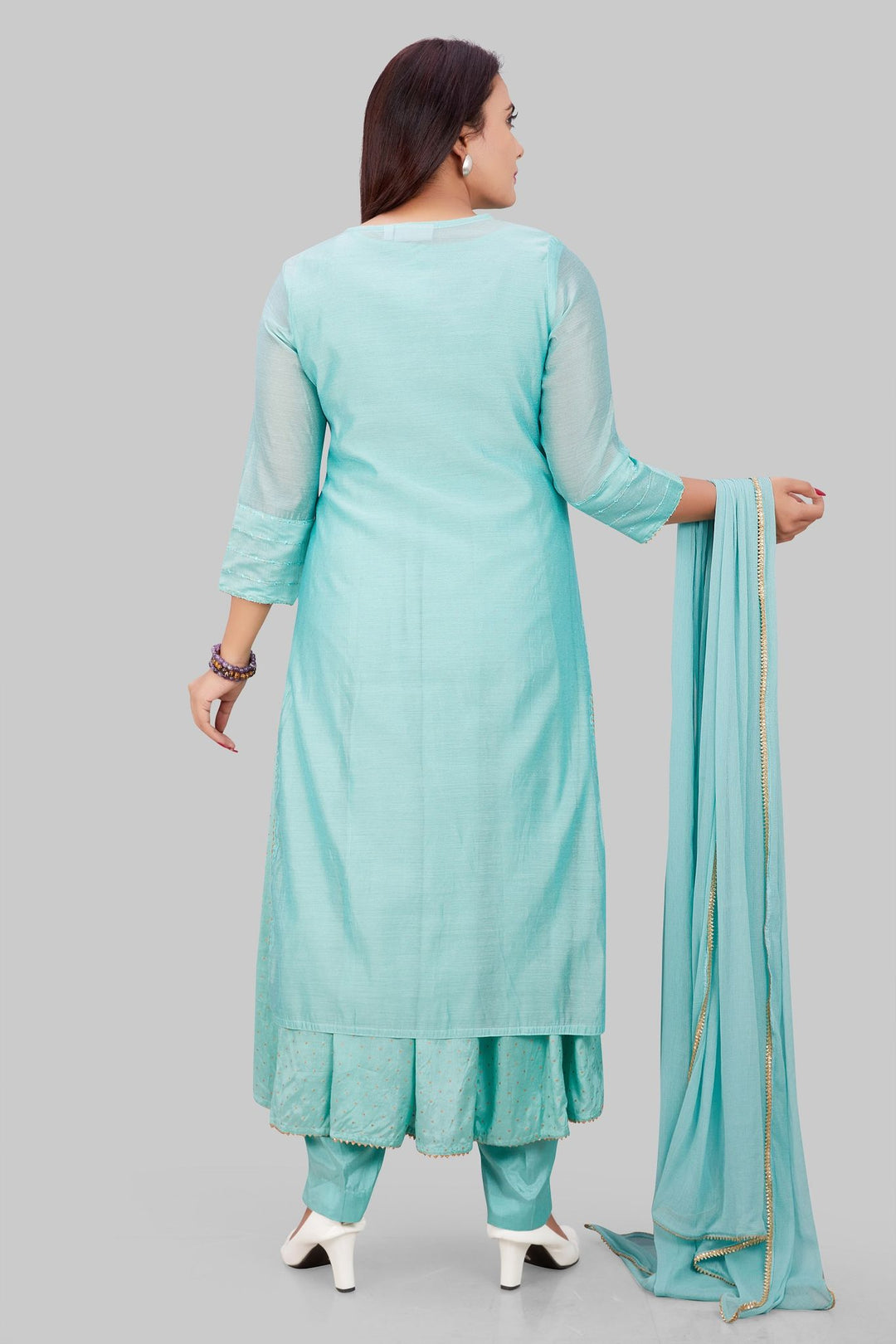 Sky Blue Chanderi Embroidered Layered Kurta Pant Suit Set