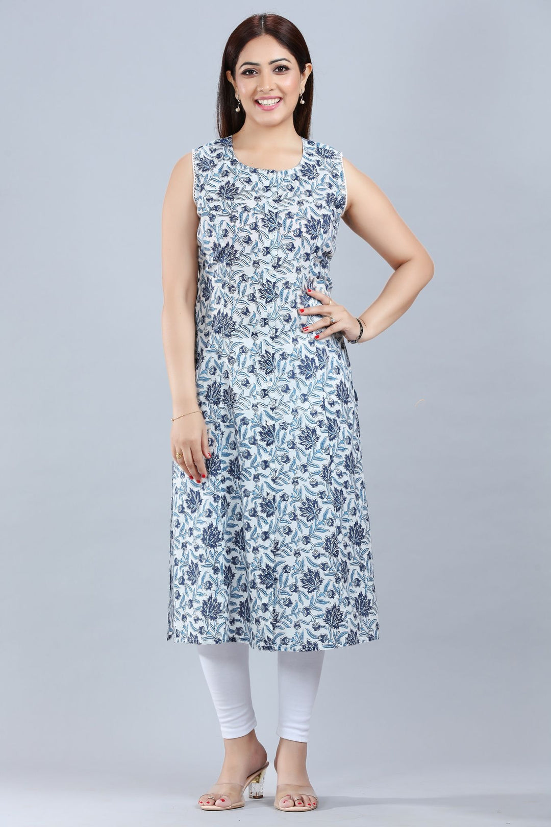 Blue & Off White Cotton Sleeveless Printed Kurta