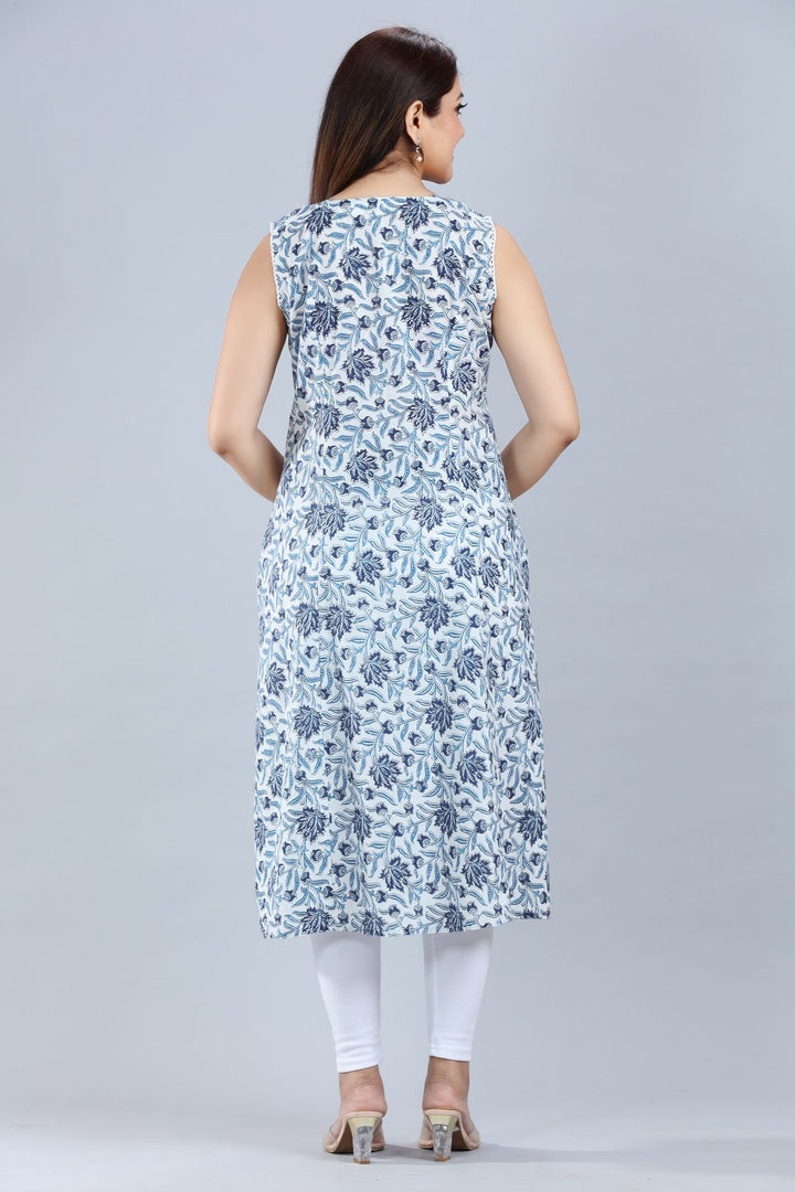 Blue & Off White Cotton Sleeveless Printed Kurta