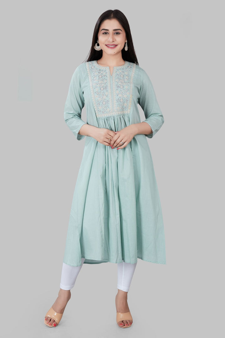 Djamila Aqua Cotton Embroidered A-Line Kurta