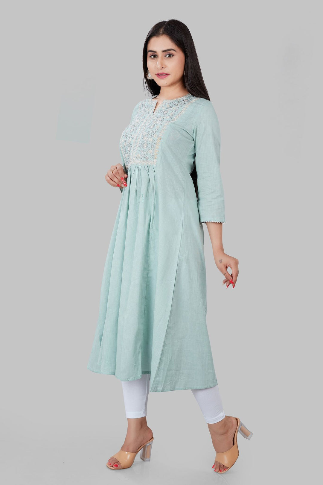 Djamila Aqua Cotton Embroidered A-Line Kurta