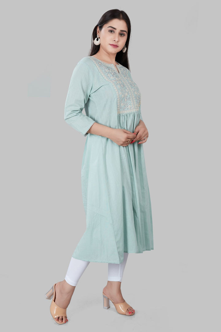 Djamila Aqua Cotton Embroidered A-Line Kurta