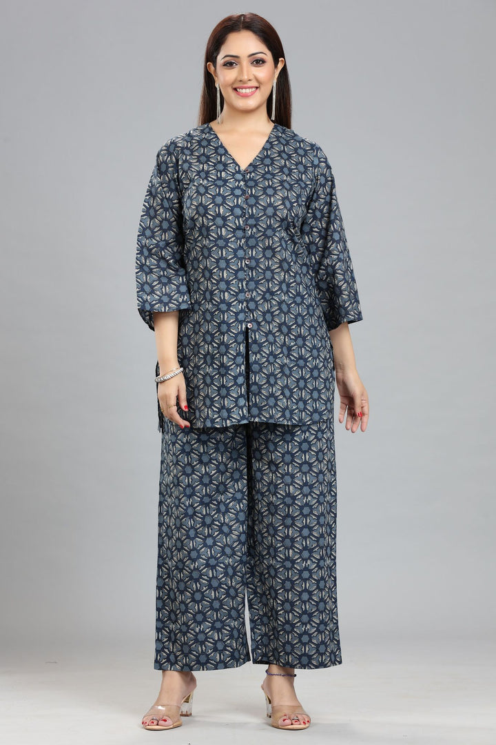 Navy Blue Jaipuri Cotton Straight Printed Kurta Pant Co-Ord Set