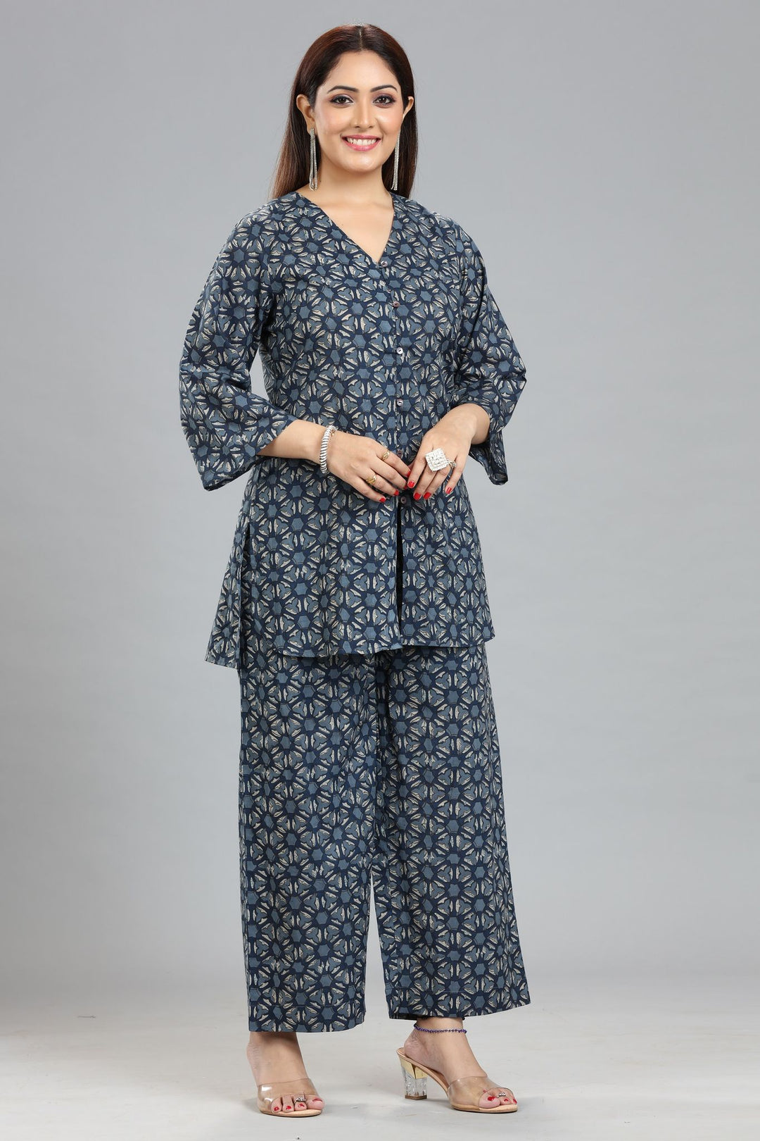 Navy Blue Jaipuri Cotton Straight Printed Kurta Pant Co-Ord Set