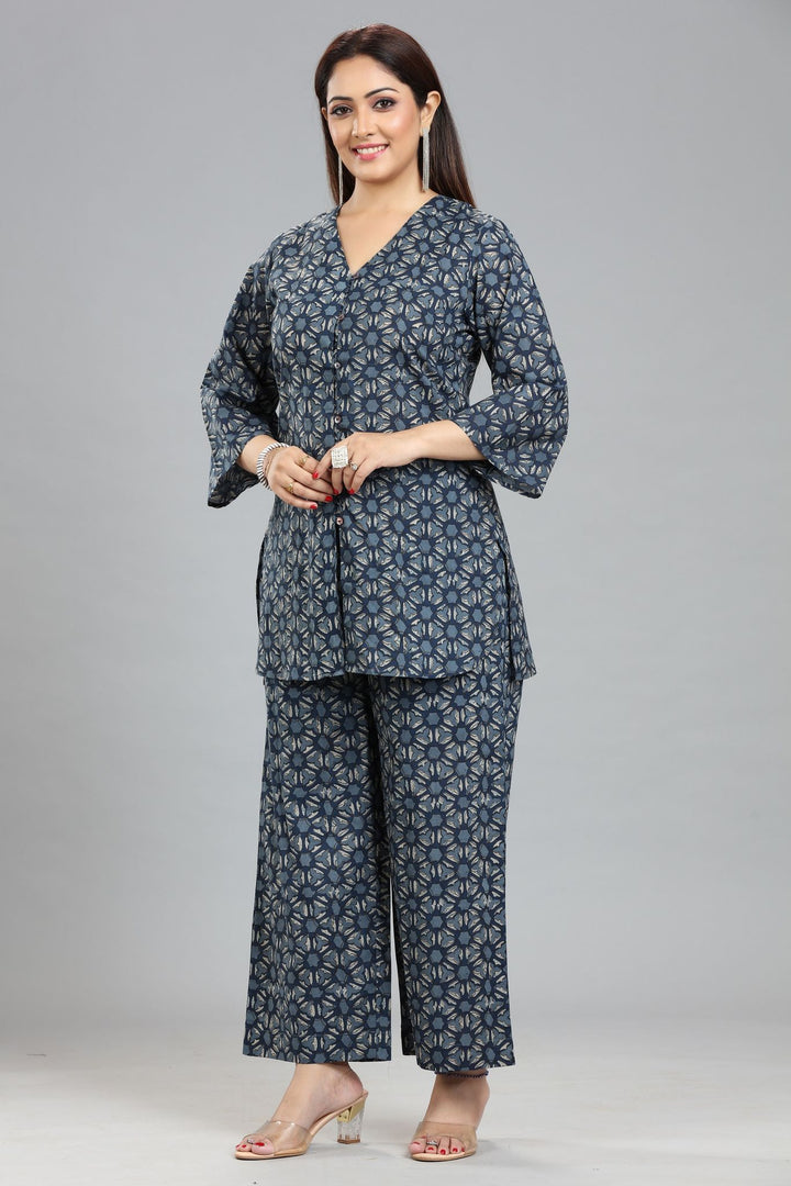 Navy Blue Jaipuri Cotton Straight Printed Kurta Pant Co-Ord Set