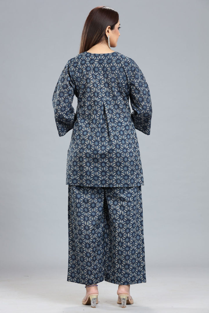 Navy Blue Jaipuri Cotton Straight Printed Kurta Pant Co-Ord Set