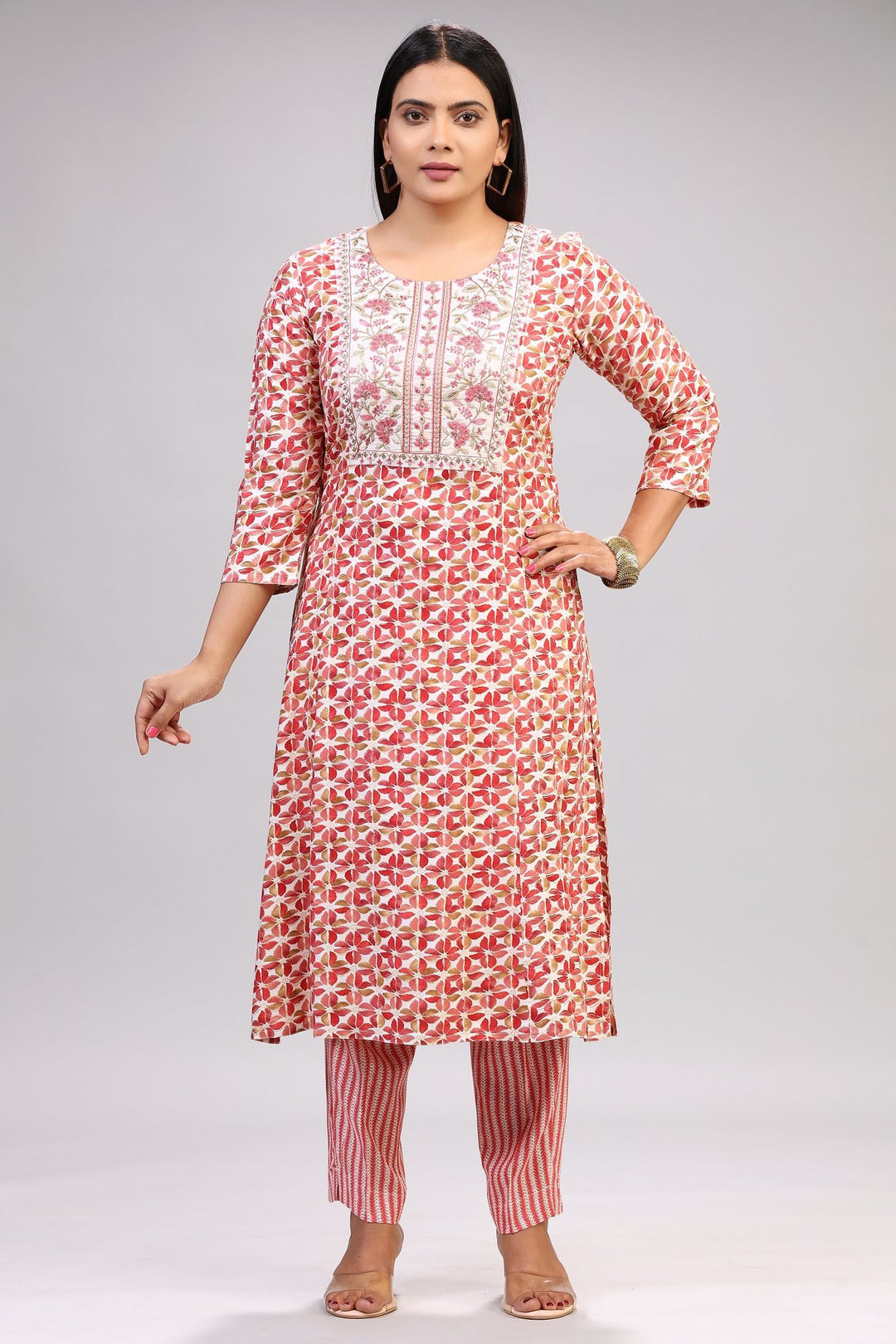 Ecrin Cream & Pink Cotton Kurta With Pant Set