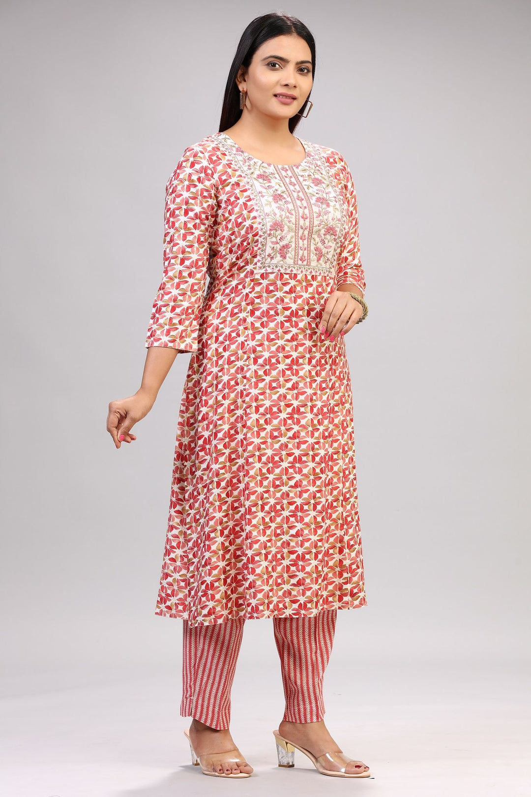 Ecrin Cream & Pink Cotton Kurta With Pant Set