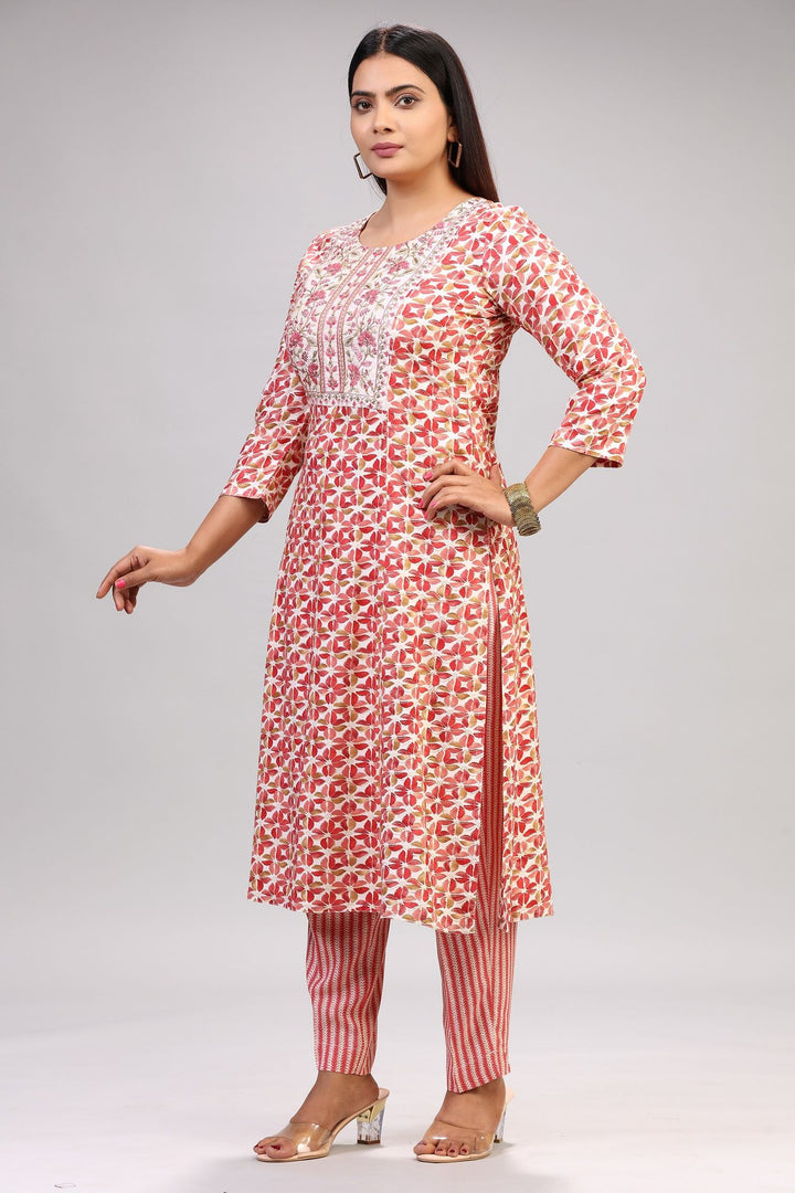 Ecrin Cream & Pink Cotton Kurta With Pant Set