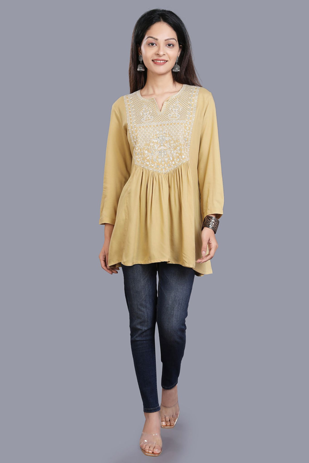 Beige Rayon Embroidered Gathered Short kurta