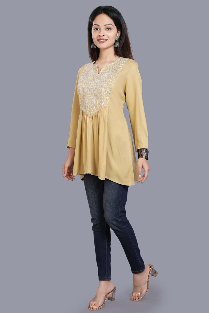 Beige Rayon Embroidered Gathered Short kurta