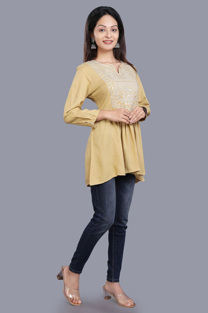 Beige Rayon Embroidered Gathered Short kurta