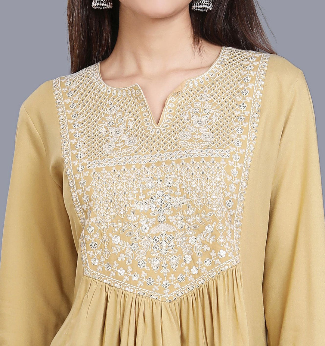 Beige Rayon Embroidered Gathered Short kurta