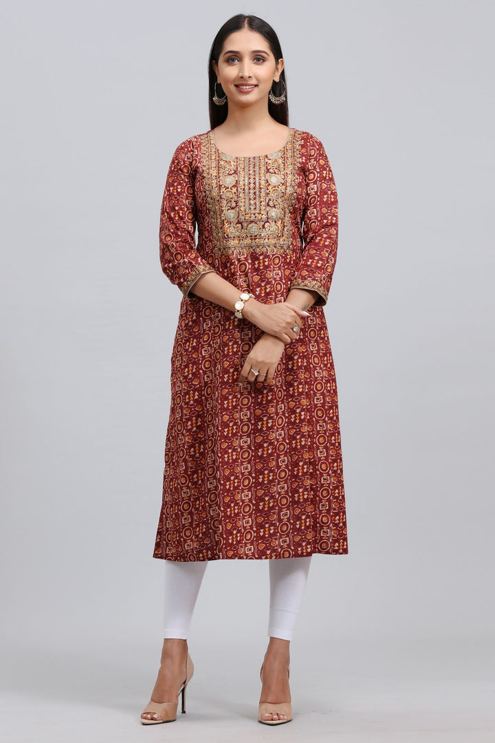 Maroon Rayon A Line Embroidered Yarndyed Kurta