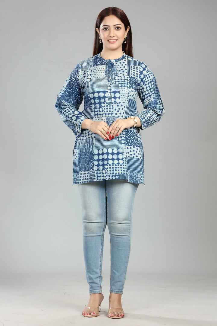 Ellen Off White & Blue Cotton Short Kurti