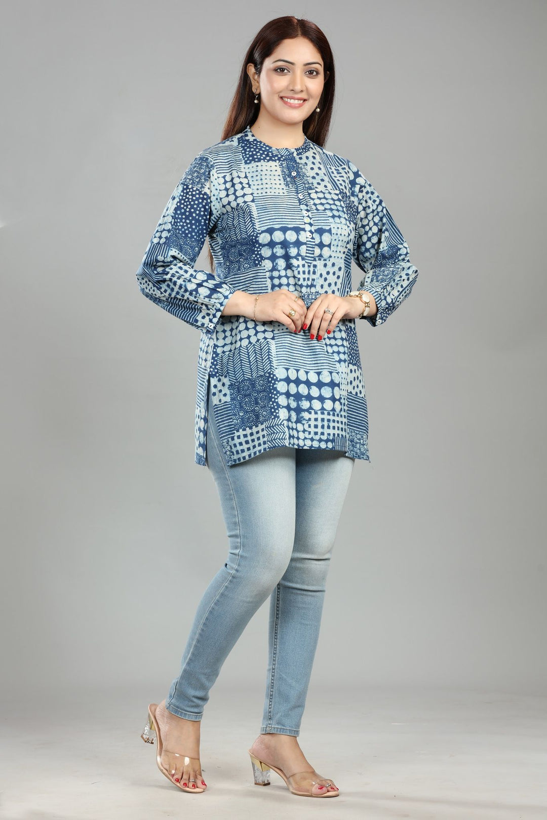 Ellen Off White & Blue Cotton Short Kurti