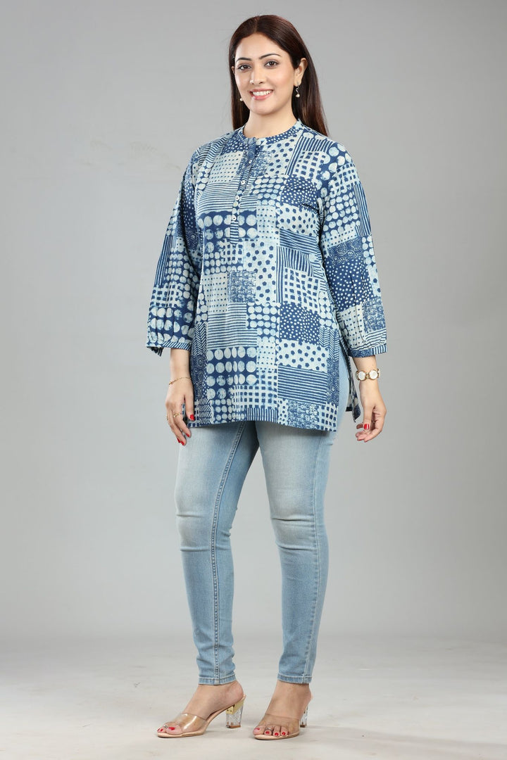 Ellen Off White & Blue Cotton Short Kurti