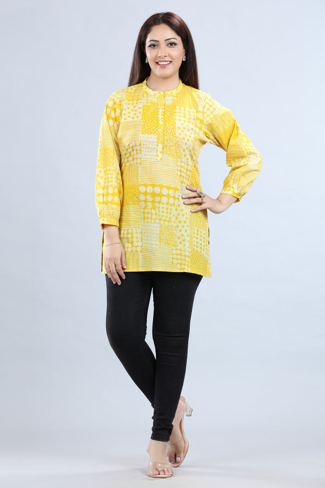 Ellen Off White & Yellow Cotton Short Kurti