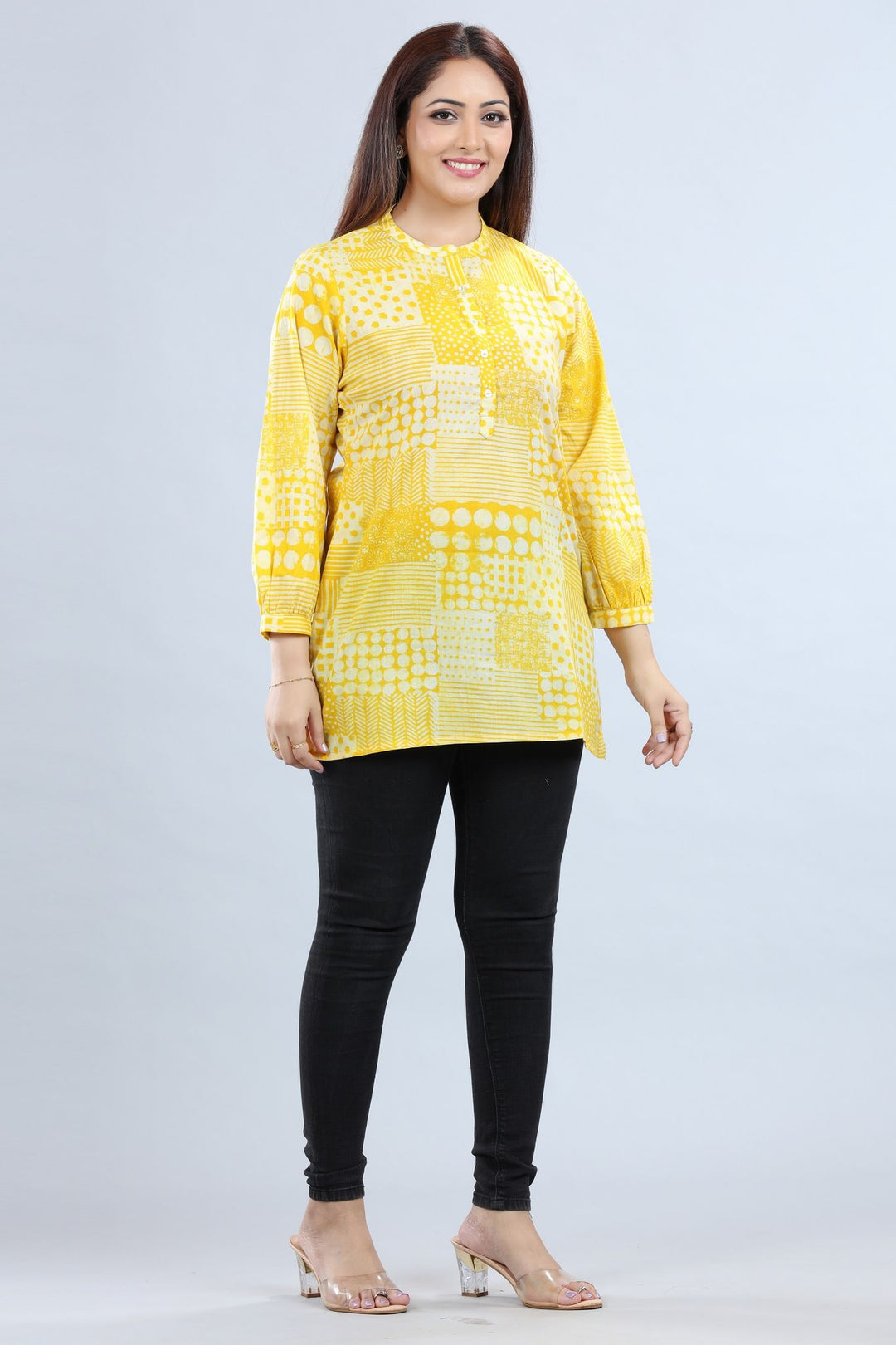 Ellen Off White & Yellow Cotton Short Kurti