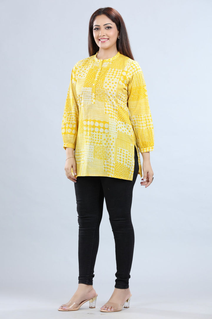 Ellen Off White & Yellow Cotton Short Kurti