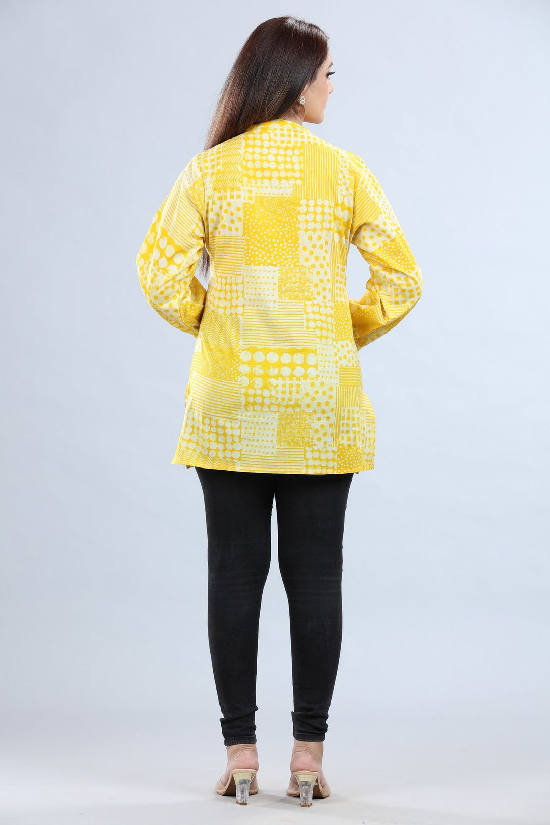 Ellen Off White & Yellow Cotton Short Kurti