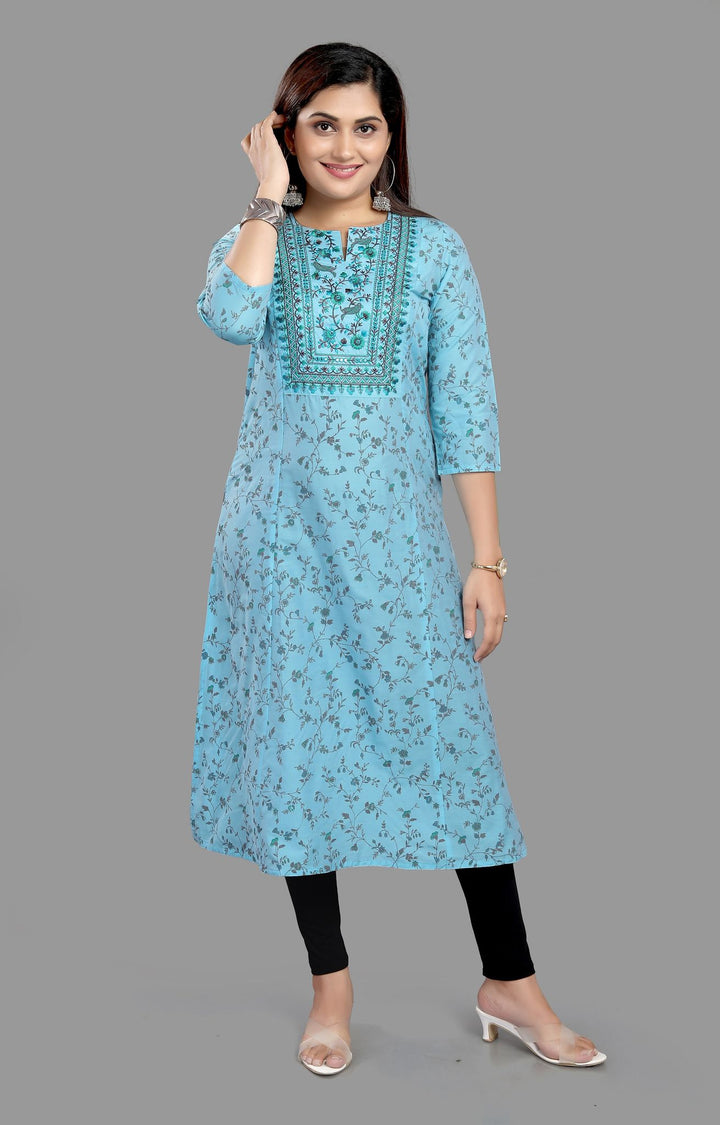 Sea Green Cotton Silk A-Line Embroidered Kurta