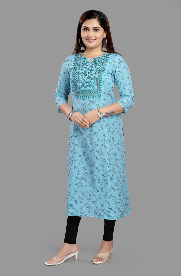 Sea Green Cotton Silk A-Line Embroidered Kurta