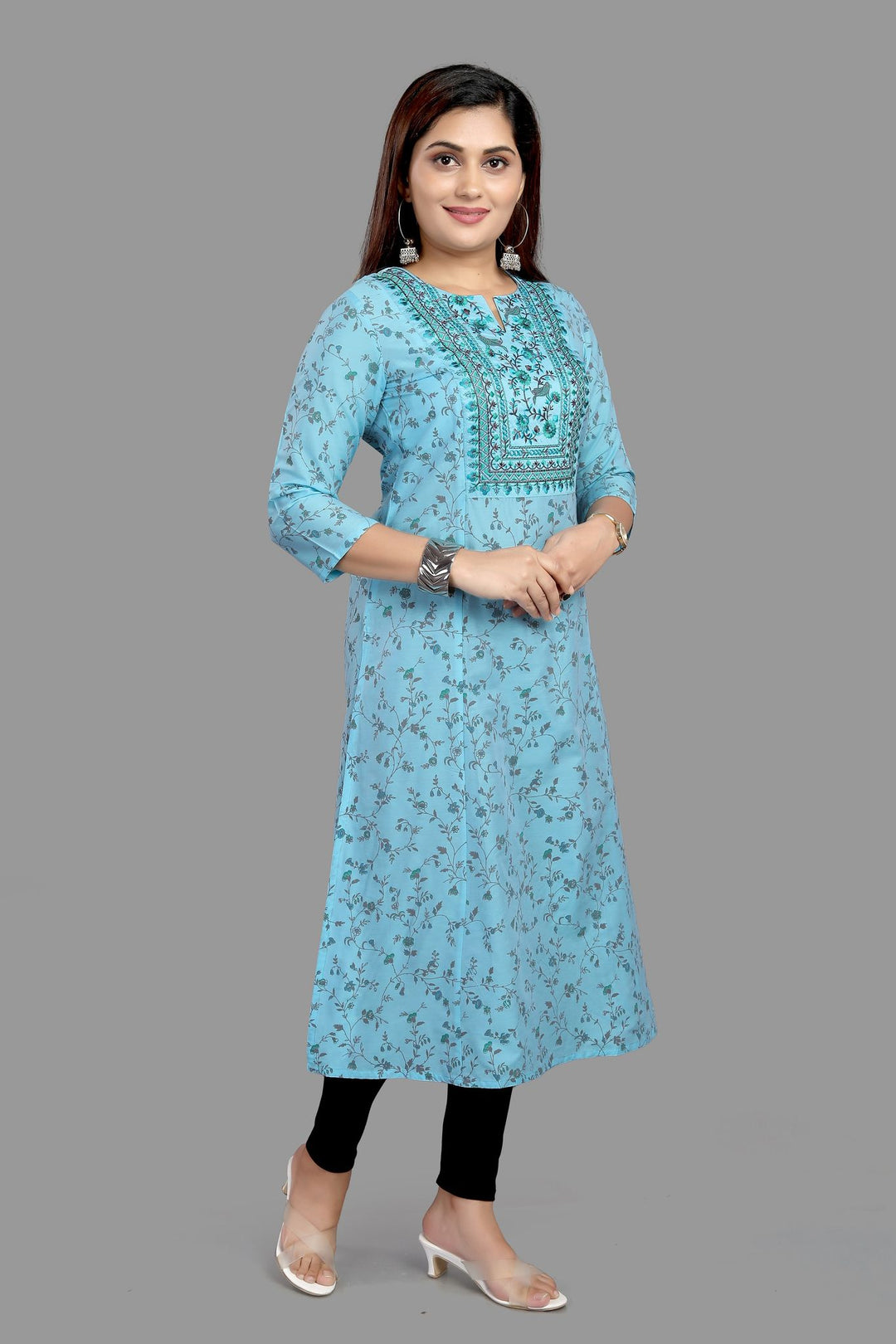 Sea Green Cotton Silk A-Line Embroidered Kurta