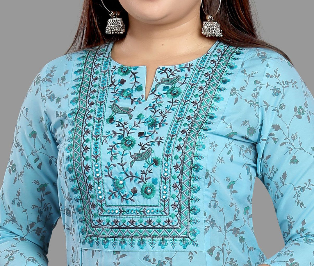 Sea Green Cotton Silk A-Line Embroidered Kurta