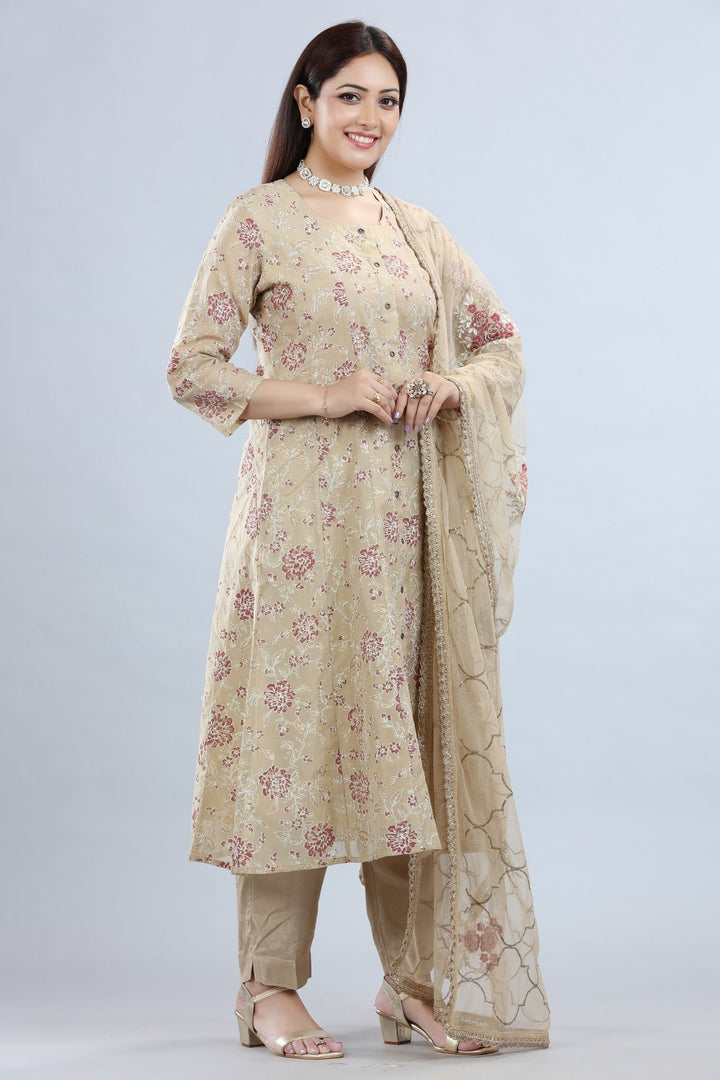 Faakiha Off White & Purple Chanderi A-Line Suit Set