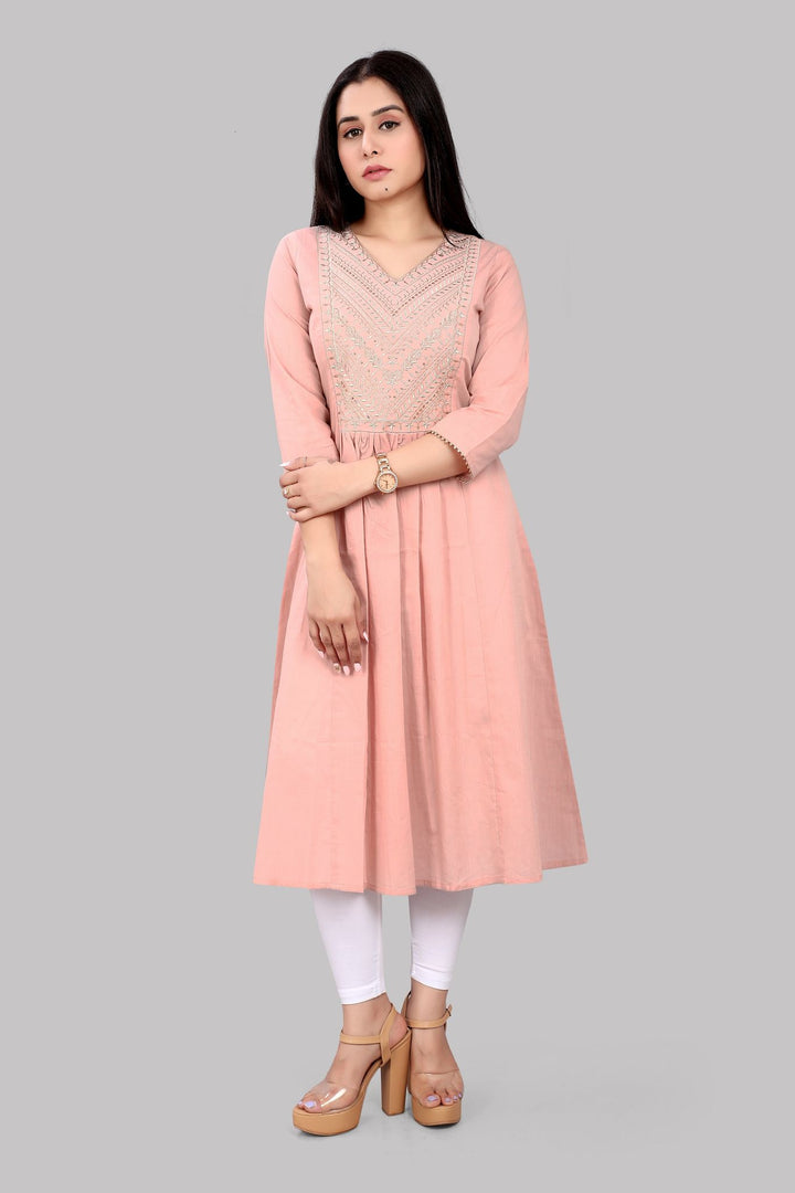 Light Peach Cotton A Line Embroidered Kurta