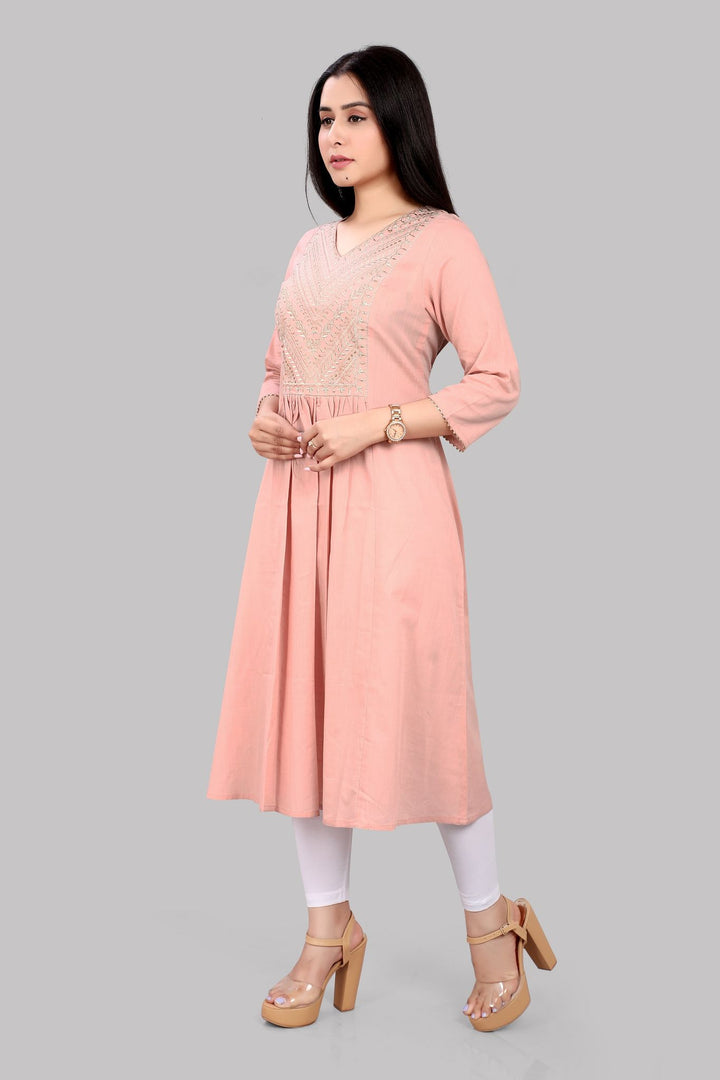 Light Peach Cotton A Line Embroidered Kurta