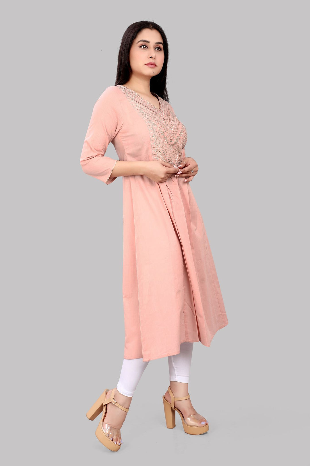 Light Peach Cotton A Line Embroidered Kurta