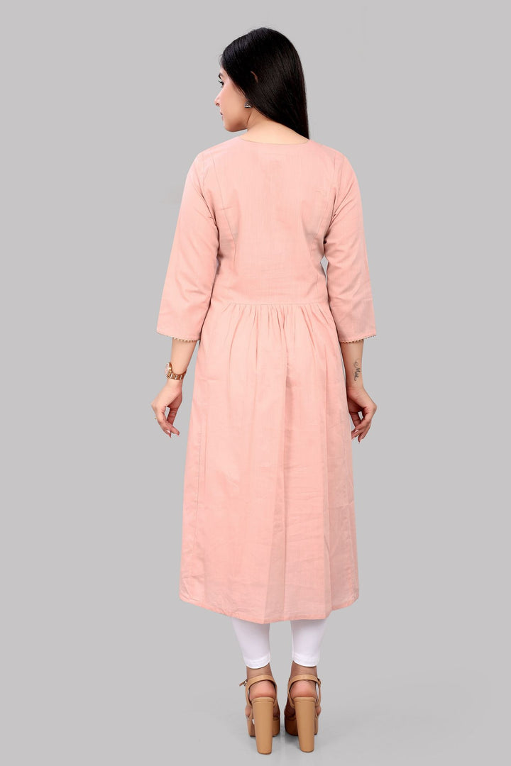 Light Peach Cotton A Line Embroidered Kurta