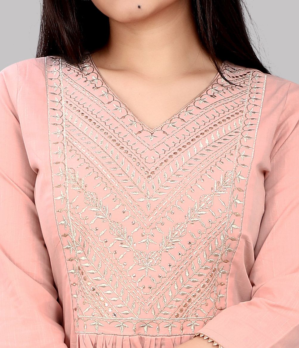 Light Peach Cotton A Line Embroidered Kurta