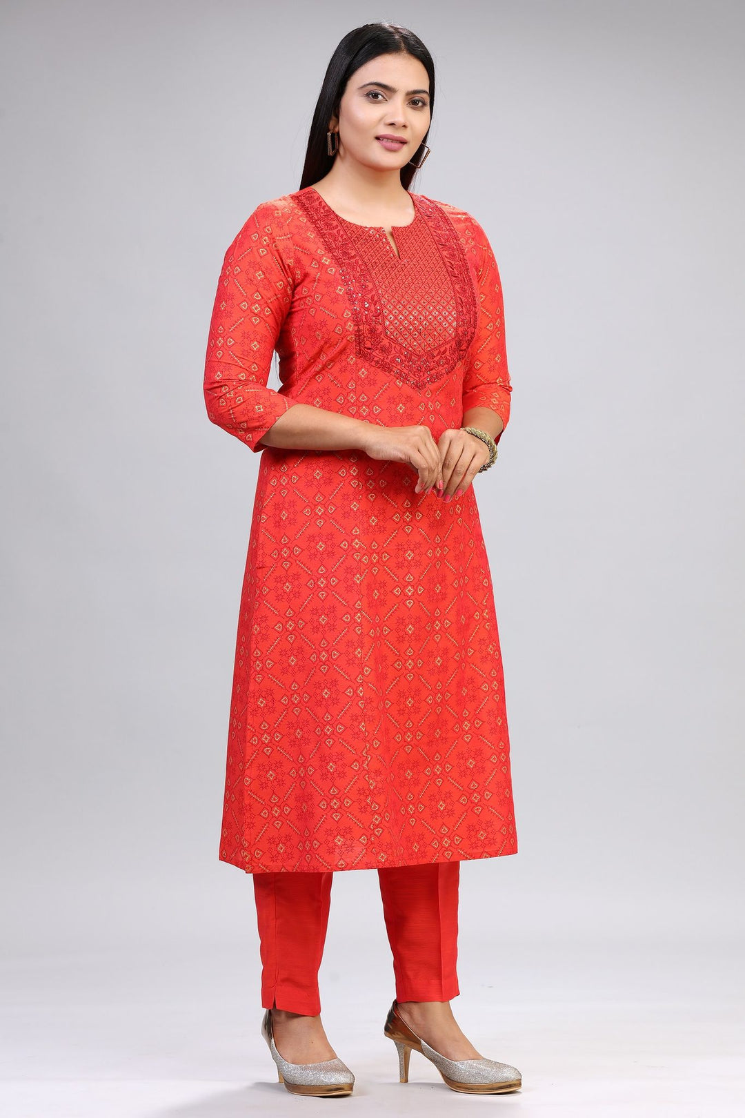 Femina Red Cotton Silk Kurta With Pant Set