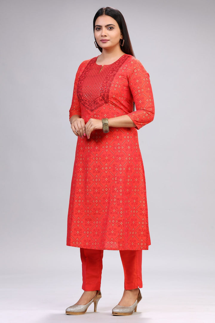 Femina Red Cotton Silk Kurta With Pant Set