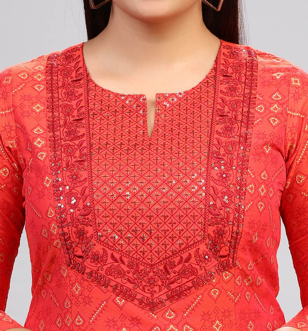 Femina Red Cotton Silk Kurta With Pant Set