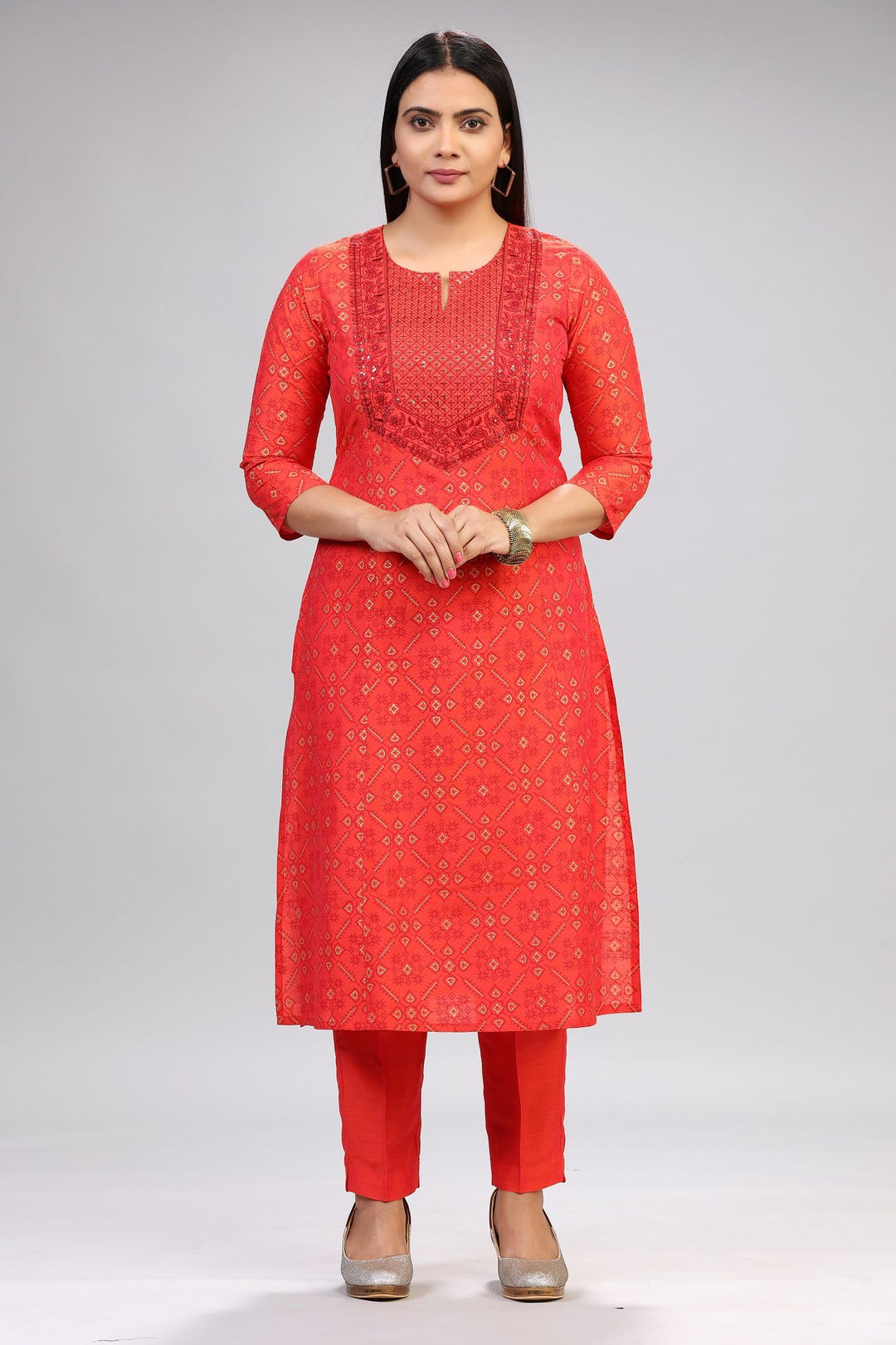 Femina Red Cotton Silk Kurta With Pant Set