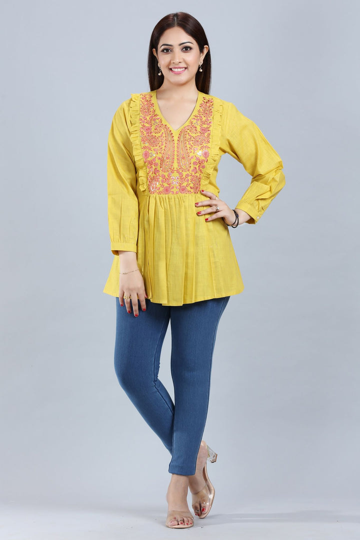 Mustard Cotton Embroidered Gathered Short Kurti