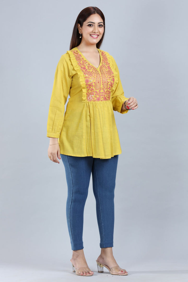 Mustard Cotton Embroidered Gathered Short Kurti